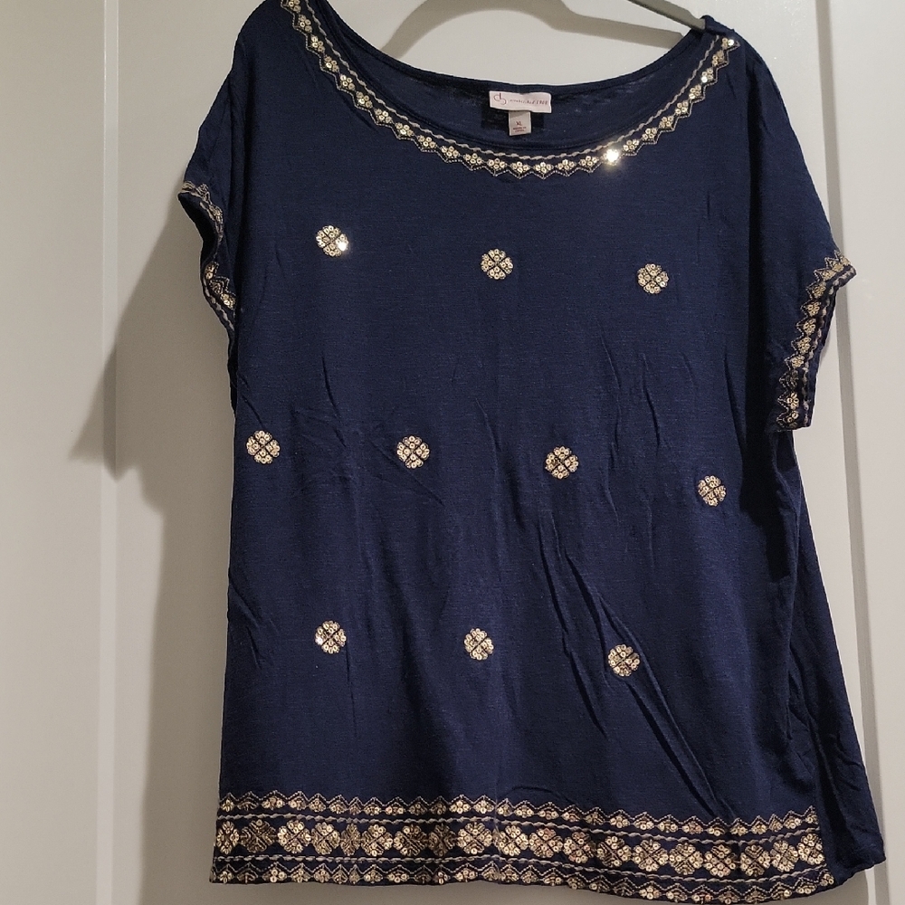 dressbarn Navy Short-Sleeve Tunic with Gold Medallion Accents